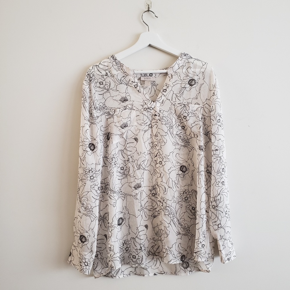 LOFT Women's White Flower Line Long Sleeve Blouse